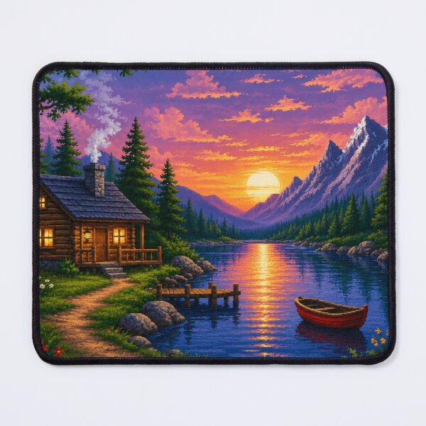 Item preview, Pixel Sunset Cabin Lake Mountain Landscape Puzzel designed and sold by Doodle_Craze.