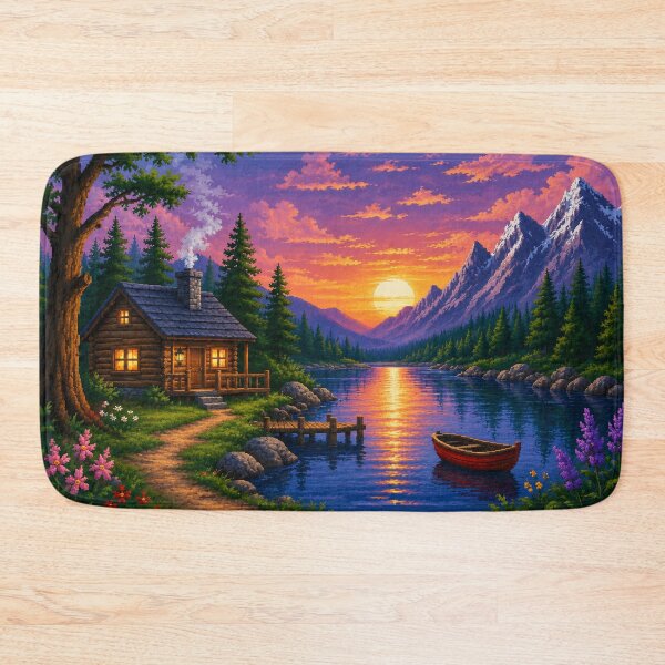 Item preview, Pixel Sunset Cabin Lake Mountain Landscape Puzzel designed and sold by Doodle_Craze.