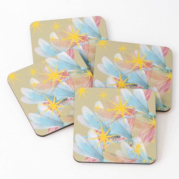 Item preview, Blue Pink Dragonfly Sparkle Gold Star Tan Nature Art Print designed and sold by Extremeallie.