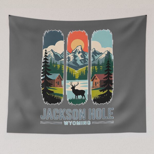 Item preview, Jackson Hole Wyoming Elk Mountain Cabin Retro Travel Art designed and sold by KristineLi.