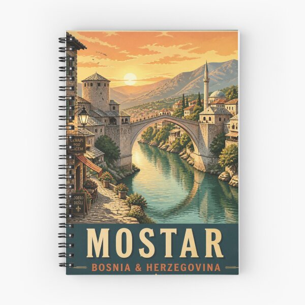 Item preview, Mostar Bosnia & Herzegovina Vintage Travel Poster | Stari Most Sunset Art Print designed and sold by Timeless Design.