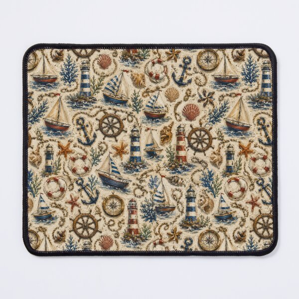 Item preview, Vintage Nautical Seamless Pattern | Coastal Lighthouse & Sailboat Wallpaper | Maritime Oil Painting Textile Design designed and sold by AnimalAirtistry.