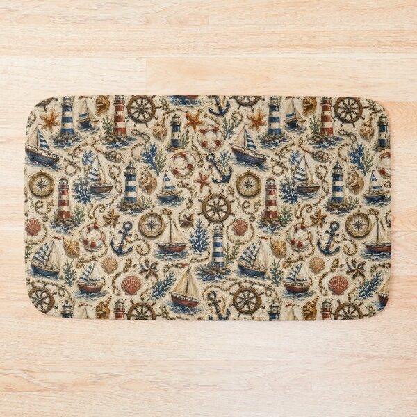 Item preview, Vintage Nautical Seamless Pattern | Coastal Lighthouse & Sailboat Wallpaper | Maritime Oil Painting Textile Design designed and sold by AnimalAirtistry.