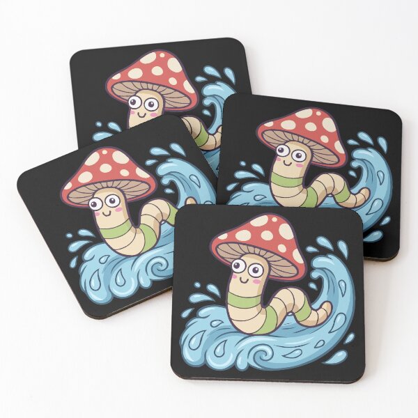 Item preview, Surfing Kawaii Worm in Red Toadstool Hat designed and sold by Emegan Print Art.