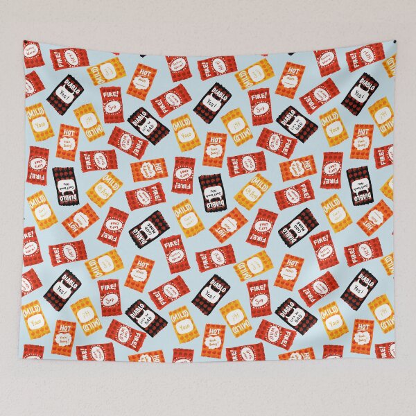 Item preview, Taco Bell sauces! Diablo, fire, hot and mild. On soft blue. designed and sold by katerosestudios.