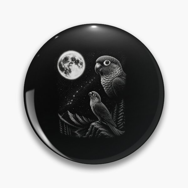 Item preview, Mystical Woodcut Style Green Cheek Conure Parrots Mountain Pine Tree Moon designed and sold by NgumohaLanke.