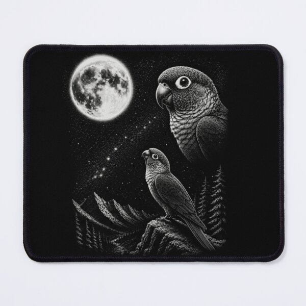 Item preview, Mystical Woodcut Style Green Cheek Conure Parrots Mountain Pine Tree Moon designed and sold by NgumohaLanke.