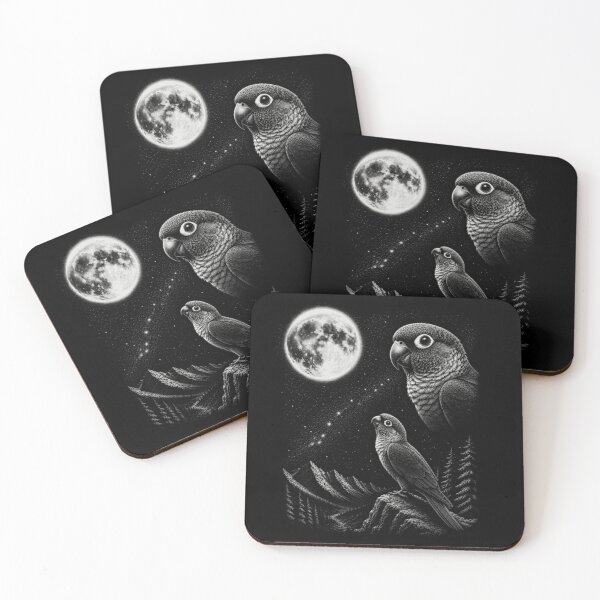 Item preview, Mystical Woodcut Style Green Cheek Conure Parrots Mountain Pine Tree Moon designed and sold by NgumohaLanke.