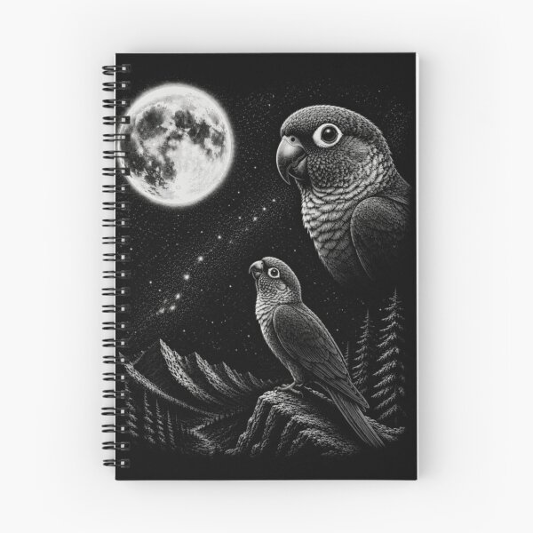 Item preview, Mystical Woodcut Style Green Cheek Conure Parrots Mountain Pine Tree Moon designed and sold by NgumohaLanke.