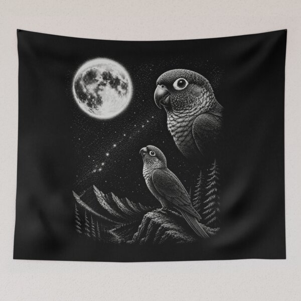 Item preview, Mystical Woodcut Style Green Cheek Conure Parrots Mountain Pine Tree Moon designed and sold by NgumohaLanke.