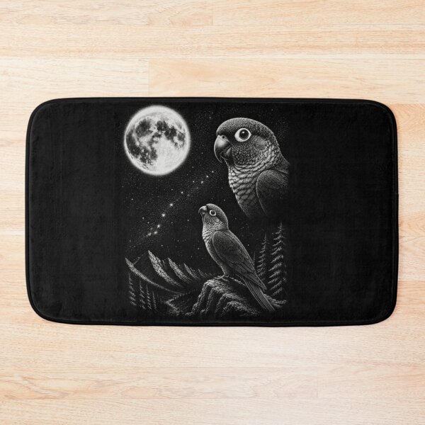 Item preview, Mystical Woodcut Style Green Cheek Conure Parrots Mountain Pine Tree Moon designed and sold by NgumohaLanke.