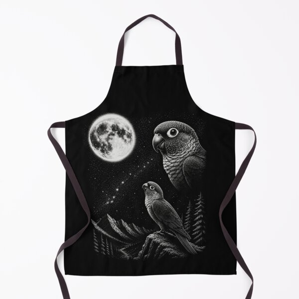 Item preview, Mystical Woodcut Style Green Cheek Conure Parrots Mountain Pine Tree Moon designed and sold by NgumohaLanke.