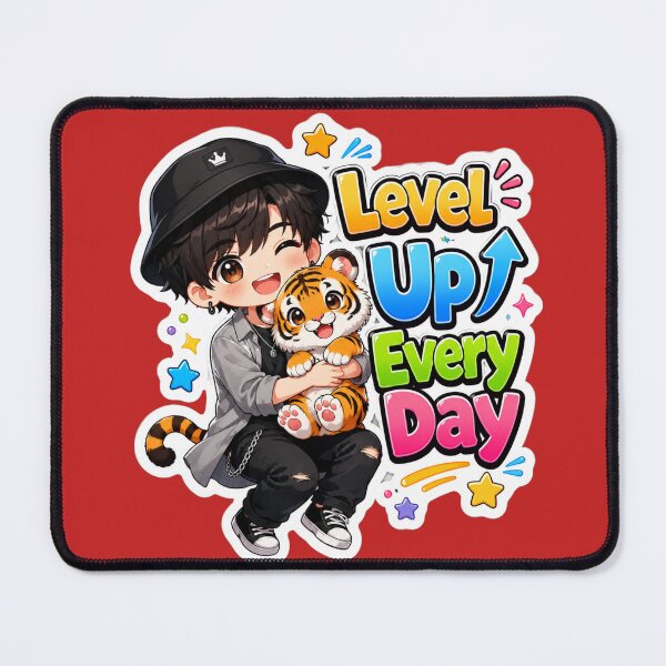 Item preview, Level Up Every Day Kawaii Anime Boy Sticker | Cute Chibi Boy Hugging Baby Tiger | Motivational Anime Sticker designed and sold by Sidra digital art 8277237.