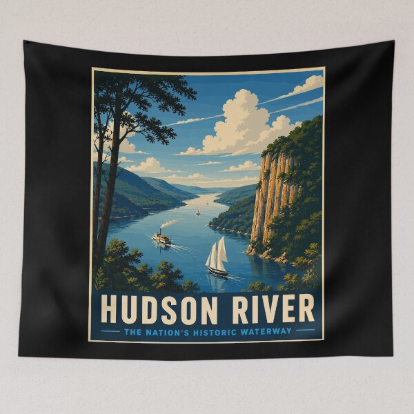 Item preview, Hudson River USA - The Nation's Historic Waterway, Vintage Art Travel Landscape designed and sold by MaateoDesign.