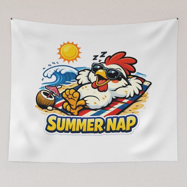 Item preview, Summer Nap – Retro Chicken Chaos Relaxing on the Beach designed and sold by MerchlyMike.