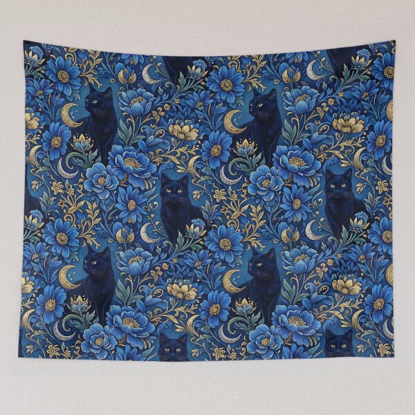 Item preview, Klimt Blue Flowers & Midnight Cats Luxury Pattern designed and sold by MythicCotton.