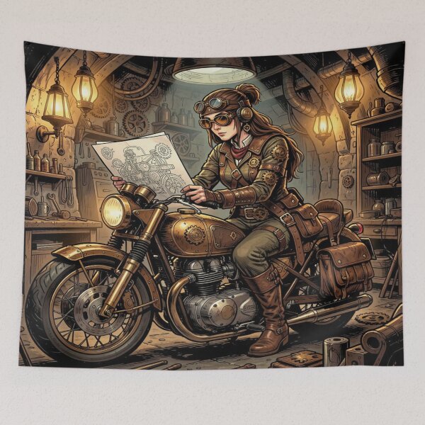 Item preview, Steampunk Rider Art – Woman on a motorcycle in the detailed Greg Rutkowski Comics style designed and sold by FotoworldEdel.