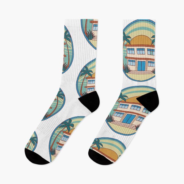 Item preview, retro seaside motel with palm trees and sunset sky designed and sold by Senglaopattern.