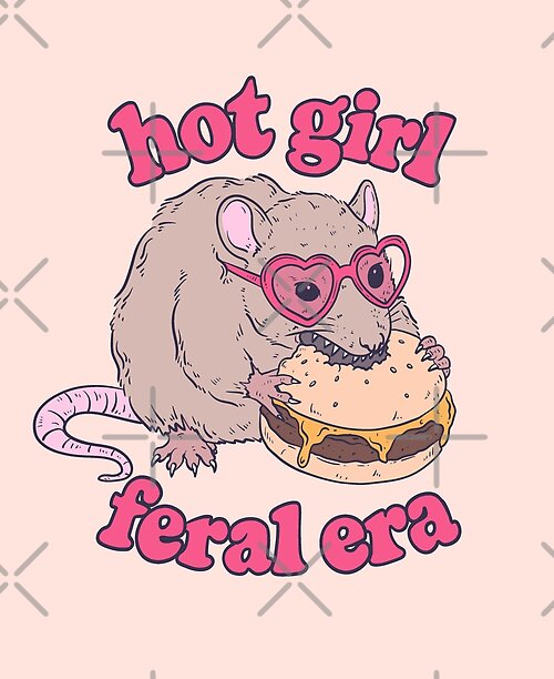 Vista previa del artículo con la obra «Hot Girl Feral Era Funny Rat Eating Burger», diseñado y vendido por Jess.a.creates.