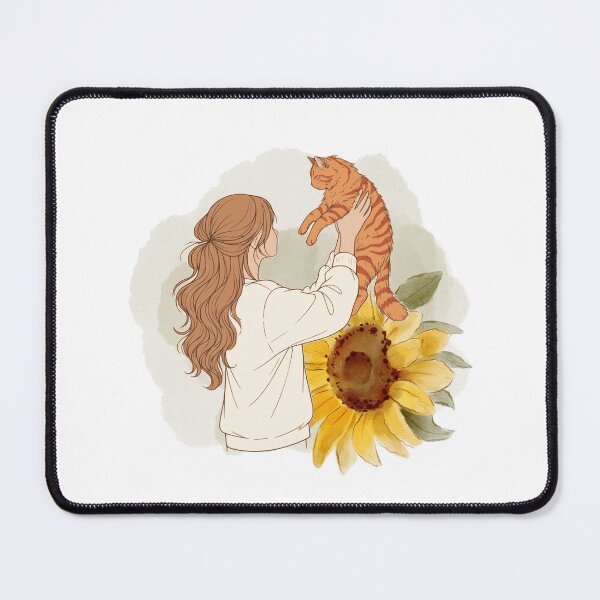 Item preview, Girl with Ginger Cat and Sunflower – Light Brown / Honey Blonde Hair Art designed and sold by mijaczeek.
