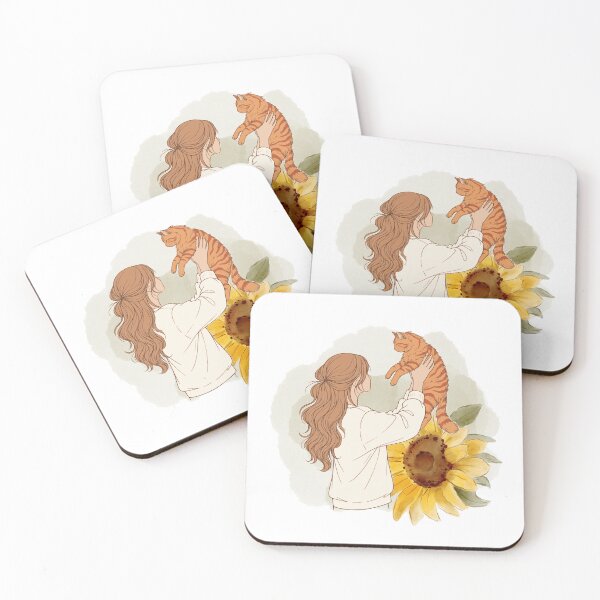 Item preview, Girl with Ginger Cat and Sunflower – Light Brown / Honey Blonde Hair Art designed and sold by mijaczeek.
