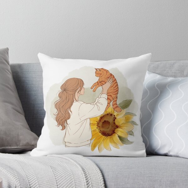 Item preview, Girl with Ginger Cat and Sunflower – Light Brown / Honey Blonde Hair Art designed and sold by mijaczeek.