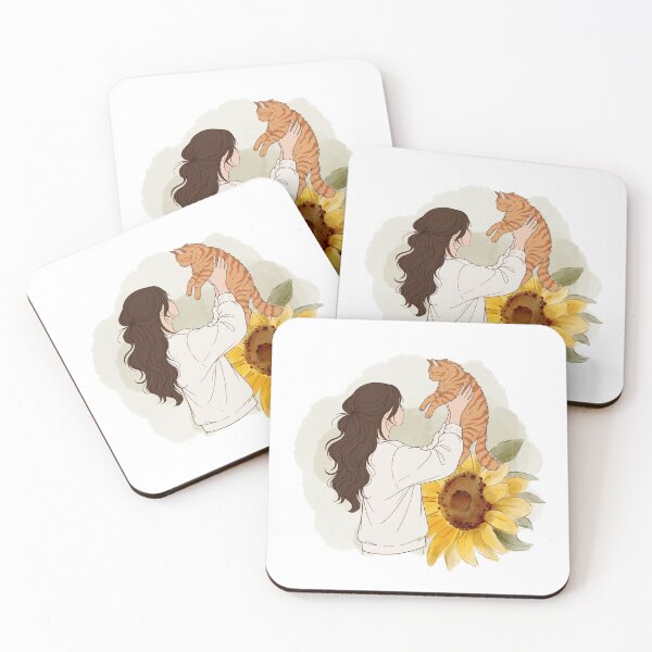Item preview, Girl with Ginger Cat and Sunflower – Brunette Art designed and sold by mijaczeek.