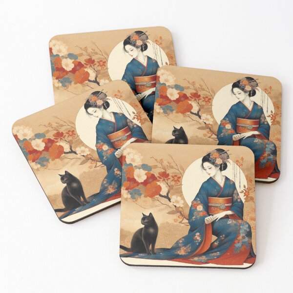 Item preview, Mystic Grace: Elegant Japanese Kimono and Black Cat Art designed and sold by Soluna Studio.
