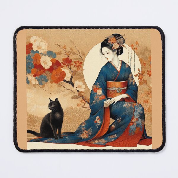 Item preview, Mystic Grace: Elegant Japanese Kimono and Black Cat Art designed and sold by Soluna Studio.