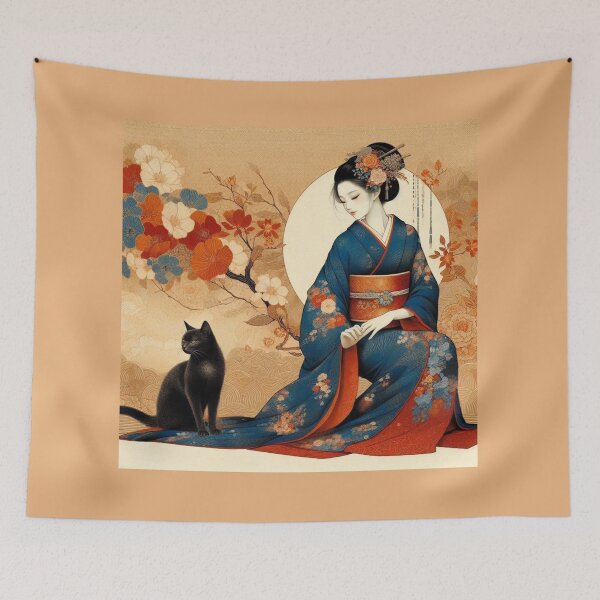 Item preview, Mystic Grace: Elegant Japanese Kimono and Black Cat Art designed and sold by Soluna Studio.