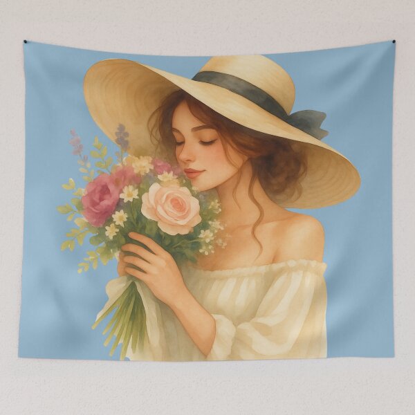 Item preview, Blooming Serenity – Romantic Floral Girl with Wide Brim Hat Watercolor Art designed and sold by VariusDesigns.