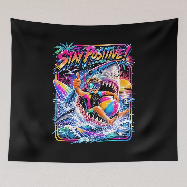 Item preview,  Stay Positive Neon Shark Surfer Kid Retro 80s  designed and sold by graphixpolash.