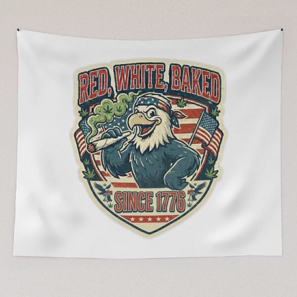 Item preview, Red White and Baked Eagle Sticker - Funny 4th of July Stoner Patriotic Decal designed and sold by MerchlyMike.