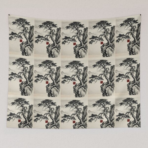 Item preview, "The Resting Pine: Serene Korean Zen Mountain Landscape Ink Wash Painting" designed and sold by SOOstudio73.