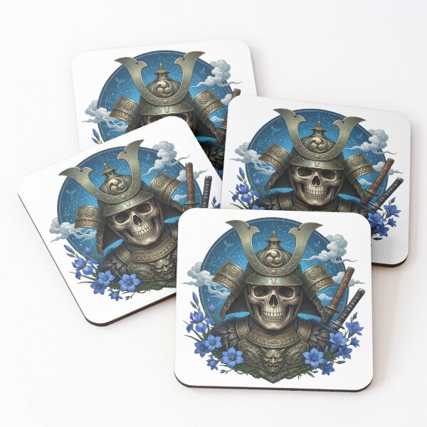 Item preview, Samurai Skull Warrior Blue Floral Gothic. designed and sold by HorrorInkStudio.