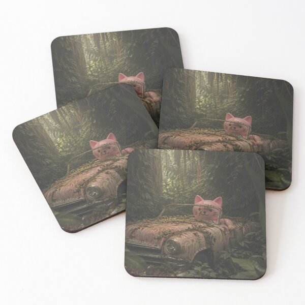 Item preview, Pink cat drives vintage car through the jungle designed and sold by Mauswohn.