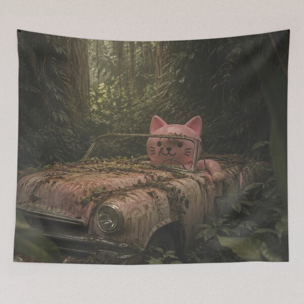 Item preview, Pink cat drives vintage car through the jungle designed and sold by Mauswohn.