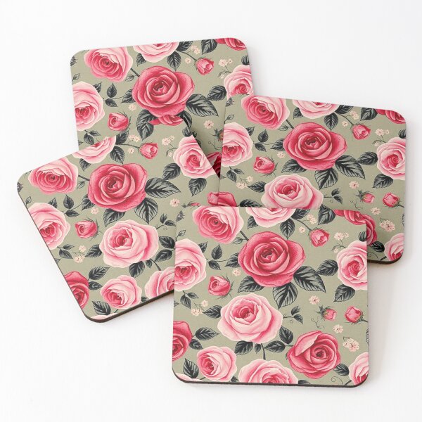 Item preview, Dense Rose Floral Pattern on Warm Beige - Small Pink and Red Roses with Leaves designed and sold by IntelliMindDesigns.