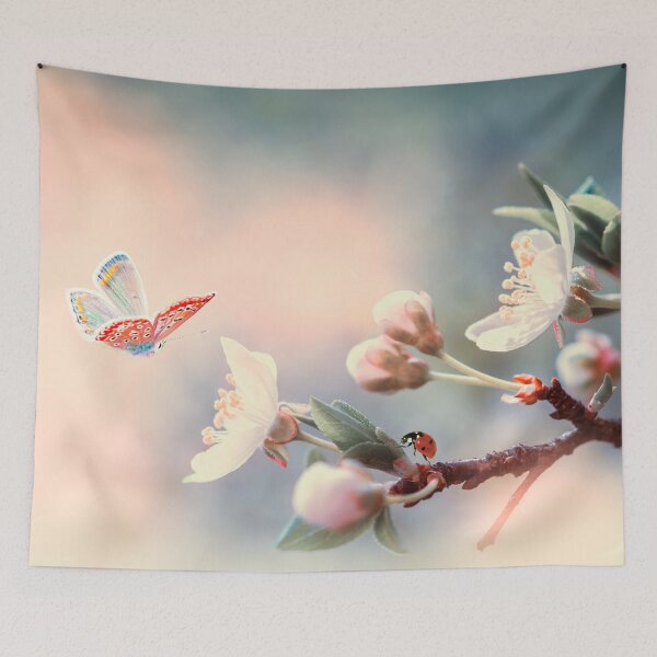 Item preview, Cherry Blossom Branch Butterfly Ladybug Soft Pastel Spring Botanical Art designed and sold by Artycom.