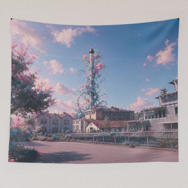 Item preview, KBC factory chimney in Lörrach overgrown with colorful flowers designed and sold by Mauswohn.