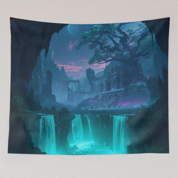Item preview, Floating Alien Sanctuary with Bioluminescent Forest and Eclipse Sky designed and sold by Luminous Wilds.