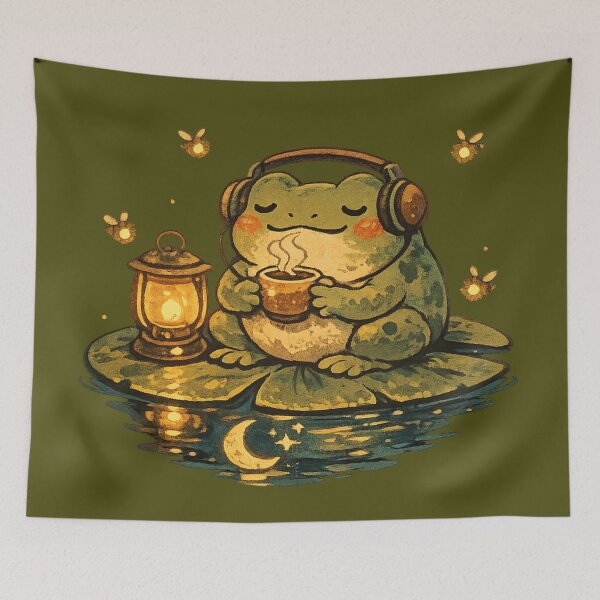 Item preview, Lofi Frog Sipping Tea at Night – Cute Vintage Cottagecore Aesthetic Art | Frog Lover Gift designed and sold by irfanshikh.