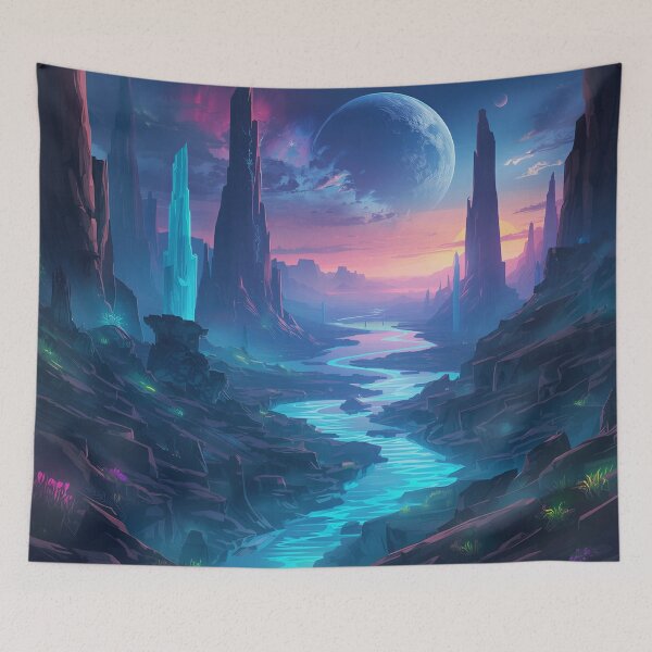 Item preview, Alien Crystal Canyon with Neon Rivers and Cosmic Storm Horizon designed and sold by Luminous Wilds.