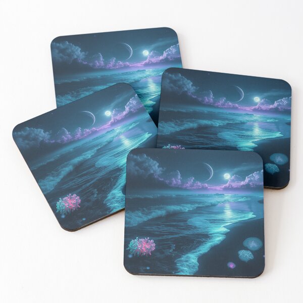 Item preview, Bioluminescent Alien Shoreline with Glowing Waves and Ringed Planets designed and sold by Luminous Wilds.