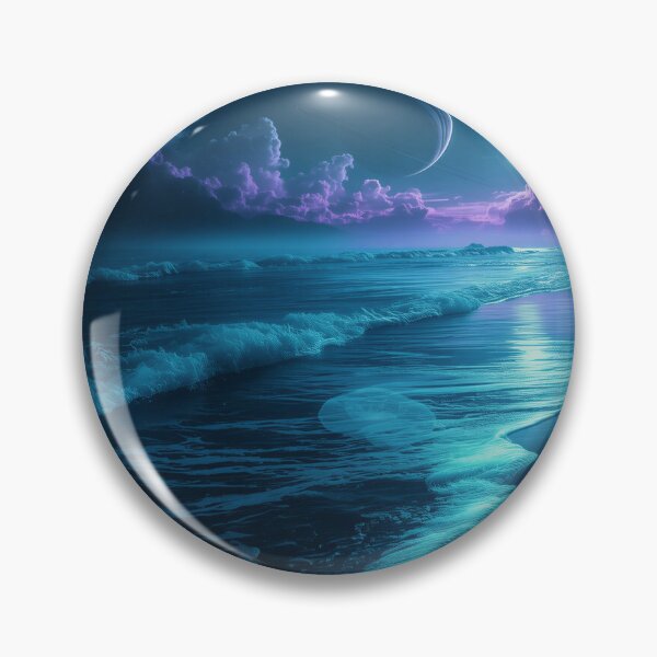 Item preview, Bioluminescent Alien Shoreline with Glowing Waves and Ringed Planets designed and sold by Luminous Wilds.