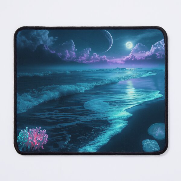 Item preview, Bioluminescent Alien Shoreline with Glowing Waves and Ringed Planets designed and sold by Luminous Wilds.