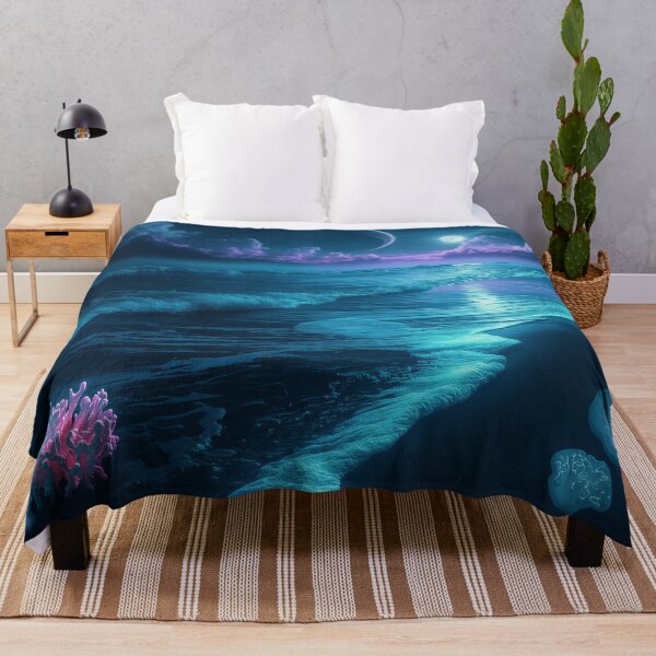 Item preview, Bioluminescent Alien Shoreline with Glowing Waves and Ringed Planets designed and sold by Luminous Wilds.