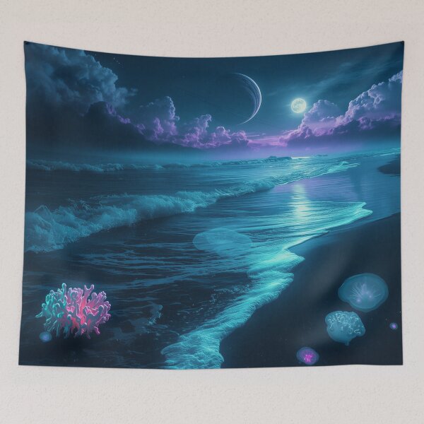 Item preview, Bioluminescent Alien Shoreline with Glowing Waves and Ringed Planets designed and sold by Luminous Wilds.
