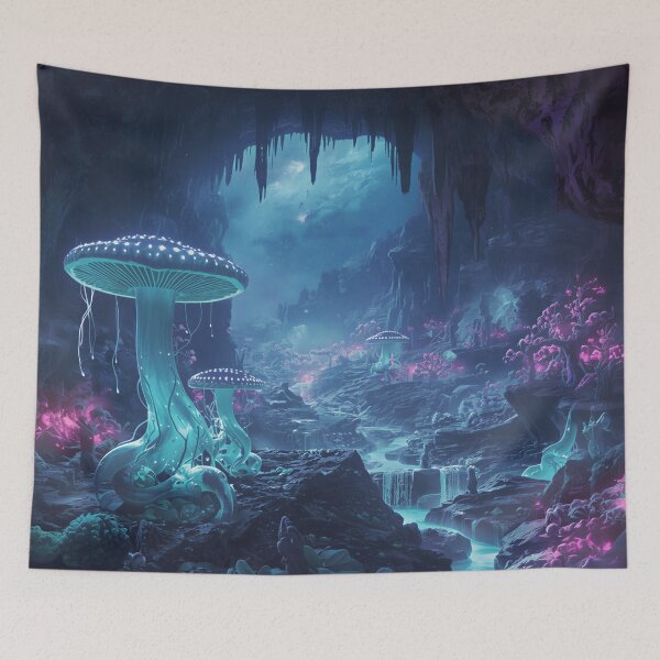 Item preview, Glowing Alien Cavern with Bioluminescent Mushrooms and Crystal Rivers designed and sold by Luminous Wilds.