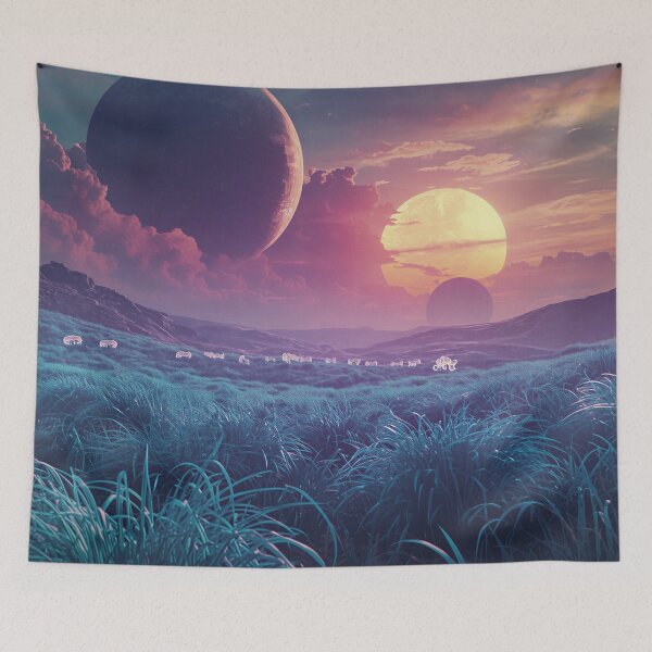 Item preview, Alien Grassland Landscape with Floating Suns and Bioluminescent Terrain designed and sold by Luminous Wilds.